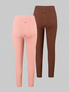2 Colors Combination Girls' Long Leggings - Coffee Brown - View 2