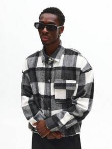 SUMWON Brushed Flannel Button Down Overshirt Buffalo Check Pattern Boxy Fit Long Sleeve Casual Winter Layering Piece