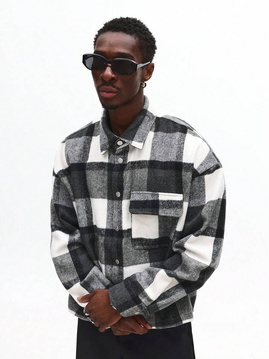 SUMWON Brushed Flannel Button Down Overshirt Buffalo Check Pattern Boxy Fit Long Sleeve Casual Winter Layering Piece