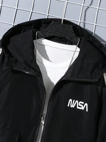 Tween Boy Letter & Stripe Print Zip-Up Casual Hoodie Jacket, Autumn - Black - View 5