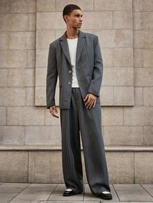 SWAVVY Men's Line Print Casual Long Sleeve Suit Jacket And Pants Set