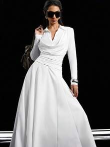 LYSMO Conjunto de 2 piezas de top ajustado con cuello drapeado plisado de unicolor y falda larga en línea A para mujer, estilo casual de oficina, primavera/otoño