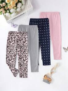 Genkimix Kids 4pcs Girls Butterfly & Floral Print Leggings Set, Minimalist Design, Black & Gray
