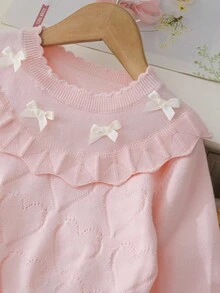 Souflis Souflis Young Girl Casual And Cute Pink Knitted Short Long-Sleeved Sweater With Bow And Knitted Skirt, Soft And Comfortable, Suitable For Daily Occasions, Suitable For Suitable For Traveling, Suitable For Vacation, Suitable For Home Scenes, Suitable For Nursery Scenes, Suitable For Children To Play. Wear Spring, Autumn And Winter Clothing, Festival Girls Outfit Sets - Pink - View 9