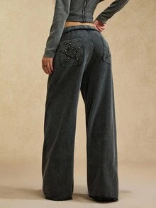 Easelle 黑色松紧腰休闲宽松百搭直筒雪花针织阔腿裤 - 黑色 - 查看 6