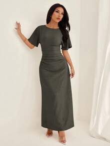 SHEIN PETITE 女士夏季纯色亚麻混纺休闲优雅连衣裙 - 綠色 - 查看 5