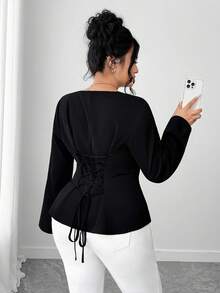 Elenzga Camisa de mujer talla grande con cuello oblicuo, abertura en la espalda y lazo - Negro - Ver 2