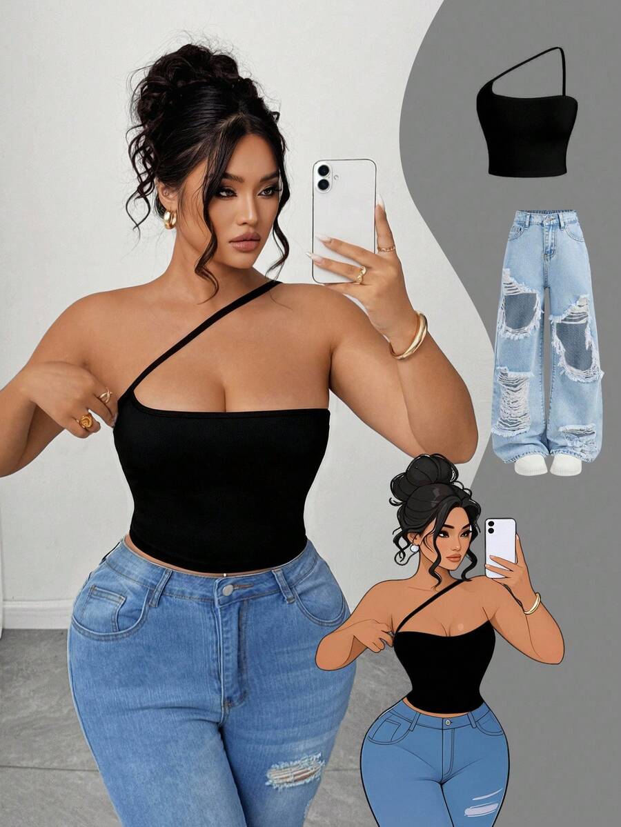 Elenzga Áo hai dây không tay ôm sát gợi cảm cỡ lớn cho nữ màu trơn - màu đen - Xem 1