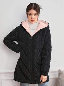 Sparklyn 少女冬季拉链连帽长袖泰迪熊毛绒衬里绗缝渐变色格子棉服外套，中长款 - 淺粉色 - 查看 4