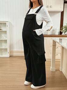 SHEIN 孕妇纯色实用口袋休闲阔腿连体裤，秋季 - 黑色 - 查看 3