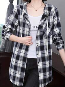 INAWLY Women's Single-Breasted Plaid Pattern Drawstring Hooded Shirt,Long Sleeve Tops Fall Cloth For Women - Black and White - View 6