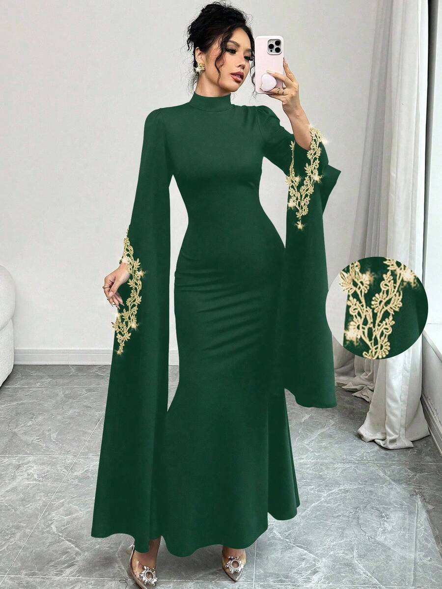 Selianne Women's Stand Collar Extra Long Sleeve Applique Decor Fitted Mermaid Hem Elegant Dress, Suitable For Party - Dunkelgrün - Übersicht 1