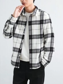 Manfinity Homme 男士灯芯绒格子长袖加厚翻领衬衫，欧式街头风，适合日常休闲、周末旅行、户外活动、探险旅行、轻松的工作环境或半正式场合，也是送给男友/丈夫、周年纪念日的理想礼物，秋冬季必备。 - 黑與白 - 查看 4