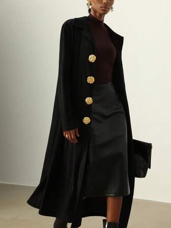 SHEIN Veneréa Women's Long Black Regular Corduroy Jacket