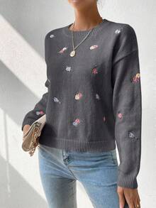 EMERY ROSE Women's Fashionable Casual Embroidered Round Neck Dolman Sweater - Dark Grey - View 6