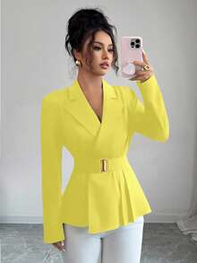 GlowEve Áo khoác blazer cổ ve xanh huỳnh quang thanh lịch, sang trọng, đi làm, đi chơi, có thắt lưng - Màu vàng - Xem 5