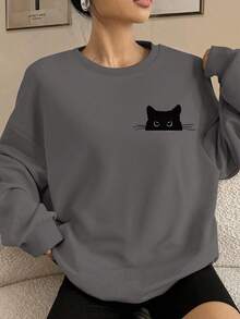 SHEIN EZwear 好奇黑猫印花休闲简约设计加厚宽松圆领长袖卫衣，适合秋冬季节、圣诞节穿着。 - 深灰色 - 查看 1