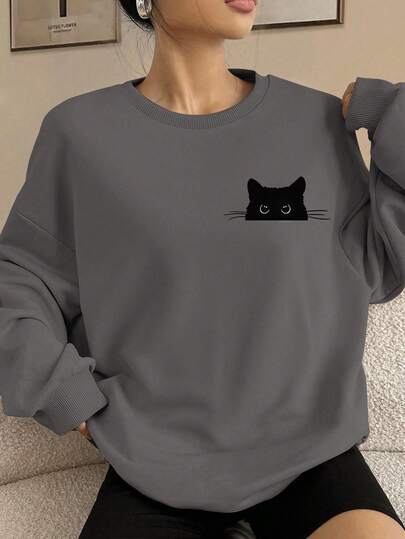 SHEIN EZwear 好奇灰色貓咪印花休閒可愛圖案極簡設計厚實寬鬆圓領長袖運動衫 秋冬聖誕學校假期