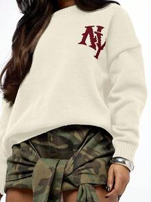 SUMWON WOMEN Áo len cổ tròn dệt kim tay dài có gân thường ngày thu đông Áo chui đầu logo trường đại học cổ điển thêu phong cách học sinh cỡ lớn vừa vặn ấm áp - Kem - Xem 7