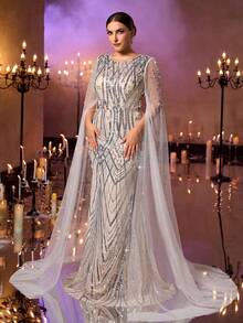 Glamrae 加大码优雅奢华香槟色圆领透明喇叭袖重磅缀饰亮片网眼美人鱼下摆连衣裙，适合派对、庆典、婚礼场合、正式晚礼服 - 香檳色 - 查看 2