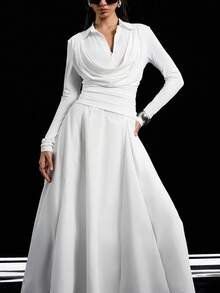 LYSMO Conjunto de 2 piezas de top ajustado con cuello drapeado plisado de unicolor y falda larga en línea A para mujer, estilo casual de oficina, primavera/otoño