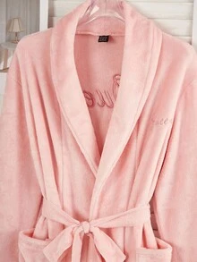 女士绒毛法兰绒长袍，休闲优雅粉色长袖长袍，饰有刺绣英文文字，前后系带，秋冬季舒适家居服，温暖舒适 - 粉色 - 查看 7