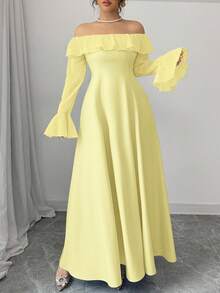 Elenzga Vestido largo elegante con hombros descubiertos para mujer de talla grande - Amarillo - Ver 3