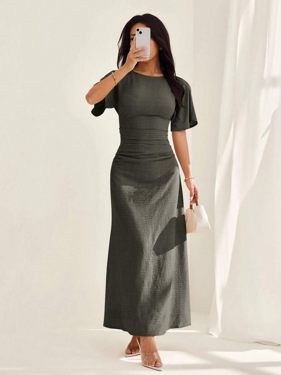 SHEIN PETITE 女士夏季纯色亚麻混纺休闲优雅连衣裙 - 綠色 - 查看 1