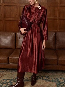 Lyxana Women's Satin Collar Metal Button Decor Ribbon Waist Tie Bow Drop Shoulder Long Sleeve Dress, Solid Color, Angora Red, Elegant Office Commute Streetwear, Winter Fashion Versatile, Workplace, Thanksgiving, Party, Autumn/Winter - Burgundy - View 6