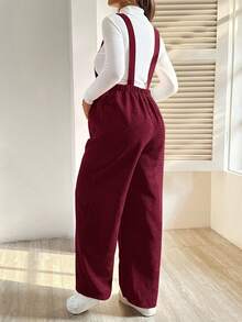 SHEIN Bộ đồ liền thân ống rộng thiết kế túi trơn màu cho bà bầu, mùa thu - Màu Đỏ Sâu - Xem 2