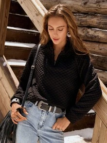 LanaWest Áo nỉ cổ khoét màu trơn đơn giản dành cho nữ - màu đen - Xem 5