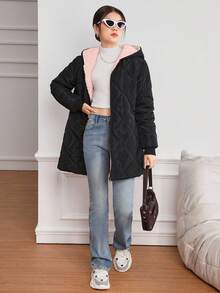 Sparklyn 少女冬季拉链连帽长袖泰迪熊毛绒衬里绗缝渐变色格子棉服外套，中长款 - 淺粉色 - 查看 5