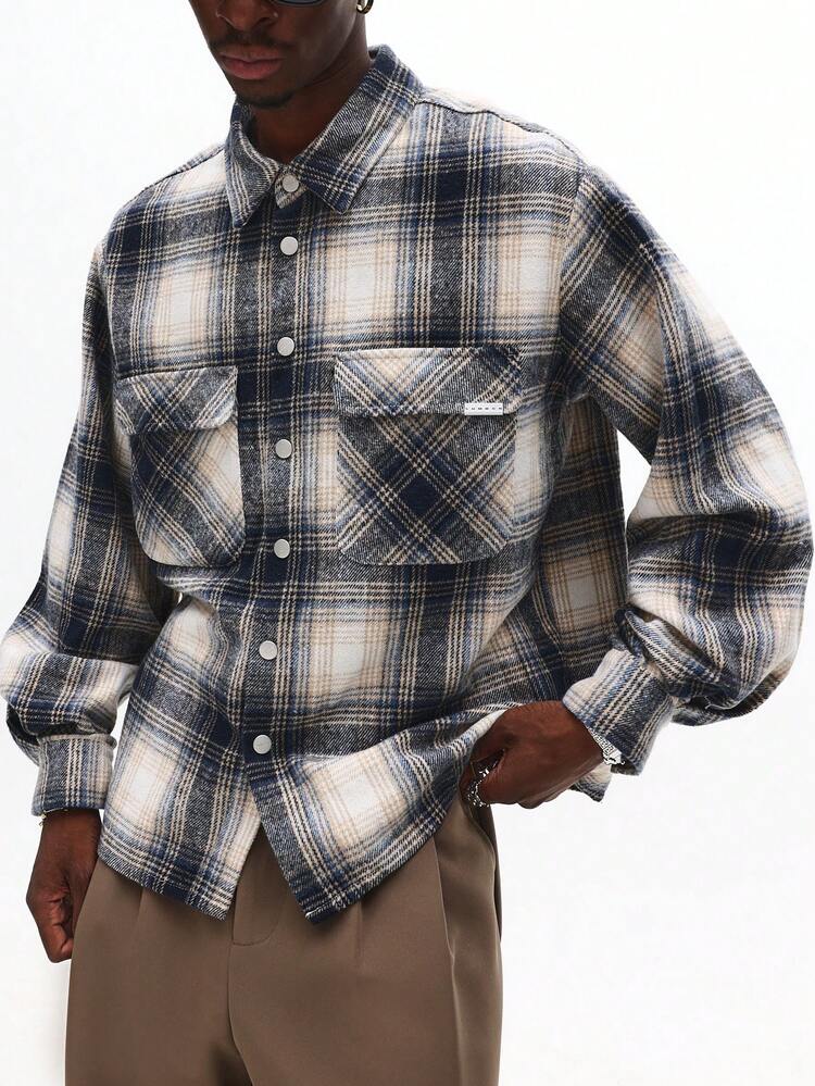 Plaid Flannel Button Down Shirt With Utility Pockets