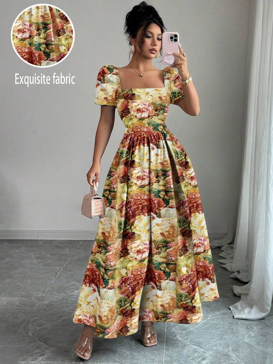 Elenzga Vestido feminino elegante com manga bufante bordada, tamanho padrão, verão