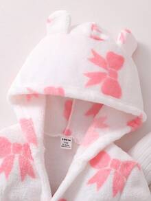 3pcs Newborn Baby Girls'white And Pink Pajama Set,Cute Cloud Print Plush Hoodie Robe,Long Sleeve Ribbed Top & Pants,Autumn Holiday Winter Outfit - Baby Pink - View 4