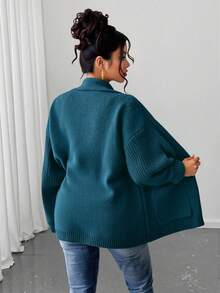 Elenzga 大码休闲纯色翻领双口袋开衫，秋冬 - 藍色 - 查看 2