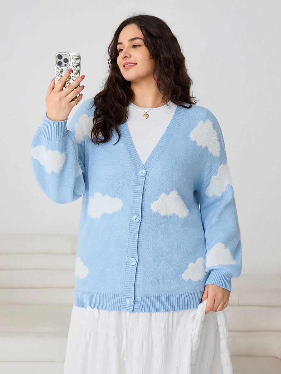 SHEIN EZwear Plus Clouds Pattern Drop Shoulder Cardigan, For Winter Fall - Baby Blue - View 1