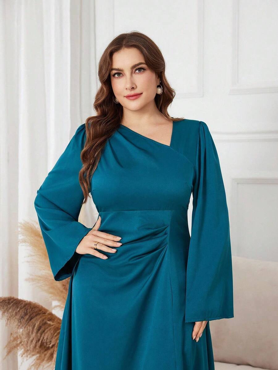 Lacomfia Elegant Solid Color Asymmetrical Neck Straight Sleeve Ruched Waist A-Line Plus Size Midi Dress, Spring/Autumn - Dark Green - View 1