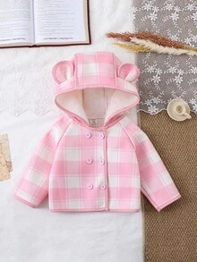 SHEIN 女婴6个月-3岁休闲长袖外套，秋季保暖加厚格子夹克 - 粉色 - 查看 3