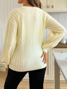 SHEIN Women's Loose Fit Twist Rope Floral Design Lantern Sleeve Cardigan Sweater, Front Button Knitted Maternity Sweater Coat For Autumn/Winter - Beige - View 3
