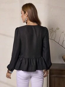 LanaWest Women's Bohemian Style Black V-Neck Lace Patchwork Unique Design Front Tie Decor Loose Cuff Long Sleeve Blouse - Black - View 2