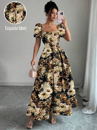 Lyxana 标准尺寸女式优雅刺绣泡泡袖连衣裙，夏季