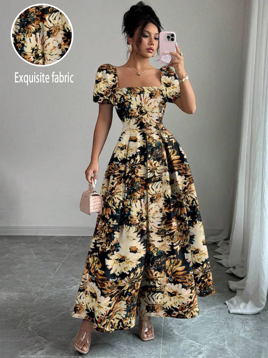 Elenzga Vestido de verano elegante con mangas abullonadas y bordado para mujer, talla estándar