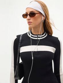 SHEIN 女式常规版型立领长袖针织毛衣 - 黑色 - 查看 5