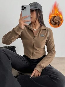 Aidyla Blusa feminina com zíper e listras coloridas contrastantes, gola de metal, outono/inverno