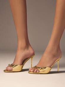 SHUZIA Women's Fashion Daily Versatile Slip-On Heeled Sandals With Lock Decor Valentine's Day - Gold - View 4