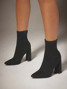 SHUZIA Women's Fashionable & Comfortable Stretch Suede Ankle High Heel Booties - Black - View 2