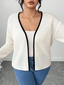 Elenzga Plus Size Women Elegant Design Lantern Sleeve Knitted Cardigan - White - View 6