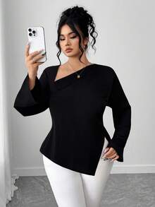 Elenzga Camisa de mujer talla grande con cuello oblicuo, abertura en la espalda y lazo - Negro - Ver 1