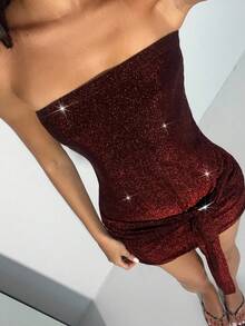 TRNVIE 1 件女士迷你连衣裙，酒红色，闪亮金属面料，露肩带金属纽扣装饰，适合通勤、休闲、约会、派对 - 酒紅色 - 查看 3